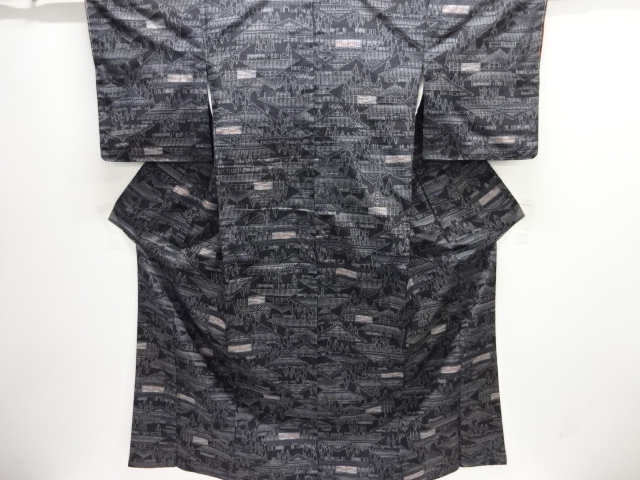 家屋模様織り出し手織り紬着物